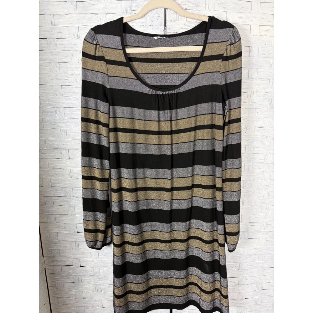 Three Dots Womens Dress‎ Metallic Striped Long Sleeve Knit Black Gold Silver Med